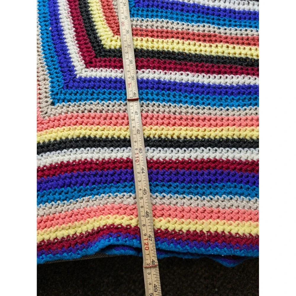 Handmade Knit Afghan Throw Blanket 48x47 Multicolor Striped Reversible